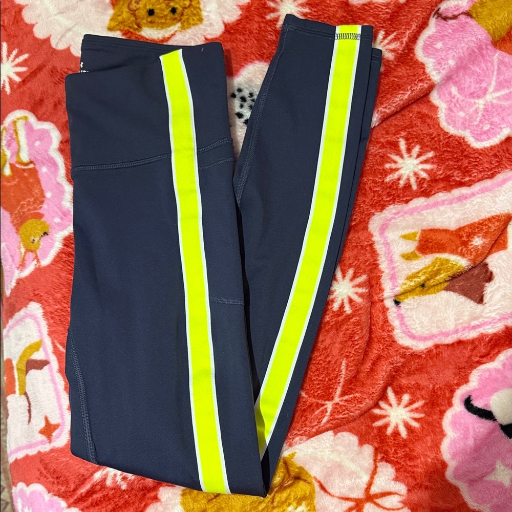 Under Armour Navy Leggings with Neon Yellow Stripe